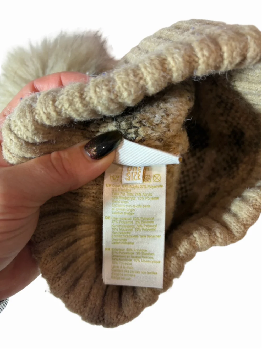 Barbour Alpine Fair Isle Faux Fur Pom Beanie Hat Taupe Nordic Winter
